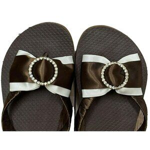 Flip-Flops Brown Cream Satin Ribbon Crystal Embellished Wedge Heel Sz 8.5-9